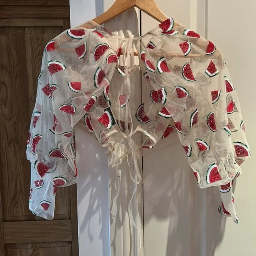 TOPSHOP women’s watermelon print sequins sheer top US 4 - Picture 8 of 9